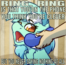 Size: 640x635 | Tagged: safe, artist:witchtaunter, edit, editor:undeadponysoldier, lyra heartstrings, human, caption, chest fluff, cute, image macro, lyrabetes, lyrics, meme, mika, open mouth, phone, ponified animal photo, ring ring, song reference, text, yes this is dog