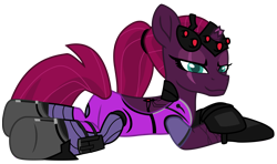 Size: 10986x6502 | Tagged: safe, alternate version, artist:ejlightning007arts, edit, tempest shadow, pony, unicorn, my little pony: the movie, absurd resolution, anna sroka-hryń, boots, broken horn, clothes, crossover, eye scar, female, gloves, headset, horn, looking at you, mare, overwatch, ponytail, scar, shoes, skinsuit, solo, visor, voice actor joke, widowmaker, widowtempest