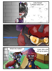 Size: 4015x5456 | Tagged: safe, artist:dusk-spark, oc, oc only, oc:curse word, oc:scribbler, pony, unicorn, bandage, baseball bat, clothes, comic, costume, derp, dialogue, eye clipping through hair, female, glasses, glowing horn, hat, horn, magic, mare, nervous, notice me senpai, sitting, sweat, telekinesis, unicorn oc, unshorn fetlocks