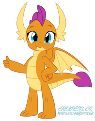 Size: 1000x1278 | Tagged: safe, artist:kuren247, smolder, dragon, absurd resolution, cute, dragoness, female, hand on hip, looking at you, show accurate, simple background, smiling, smirk, smolderbetes, solo, thumbs up, transparent background, vector