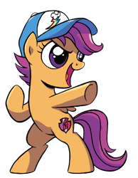 Size: 560x720 | Tagged: safe, artist:brendahickey, edit, idw, scootaloo, pegasus, pony, spoiler:comic, spoiler:comicspiritoftheforest01, background removed, cap, cropped, cute, cutealoo, female, filly, foal, hat, rearing, simple background, solo, transparent background