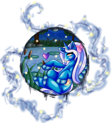 Size: 4210x4608 | Tagged: safe, artist:nishchan, oc, oc:fleurbelle, alicorn, firefly (insect), pony, alicorn oc, beautiful, blushing, bow, cute, female, grass, grass field, hair bow, heart, lilypad, mare, moon, night, pond, pretty, sitting, stars, sweet