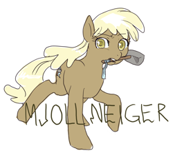 Size: 850x766 | Tagged: artist needed, safe, mjölna, earth pony, pony, 2012, female, hammer, mare, mouth hold, ponibooru, pun, text