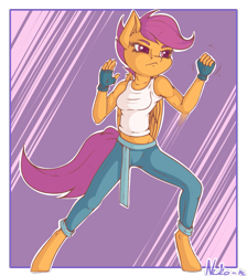 Size: 1073x1200 | Tagged: safe, artist:neko-me, scootaloo, anthro, unguligrade anthro, action pose, apple bloomers, boobaloo, breasts, clothes, female, fingerless gloves, gloves, midriff, older, pants, smiling, solo, tanktop