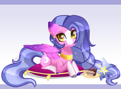 Size: 1693x1240 | Tagged: safe, artist:sugaryicecreammlp, oc, oc:reverie wish, pegasus, pony, cake, female, food, mare, prone, solo