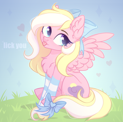 Size: 4149x4108 | Tagged: safe, artist:sparkling_light, oc, oc only, oc:bay breeze, pegasus, pony, blushing, bow, chest fluff, clothes, cute, ear fluff, female, hair bow, mare, ocbetes, sitting, socks, spread wings, striped socks, tail bow, text, tongue out, wings, ych result