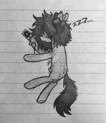 Size: 1772x2048 | Tagged: safe, artist:modocrisma, oc, oc only, oc:sobakasu, earth pony, pony, doodle, fluffy, freckles, headphones, implied nudity, lying down, male, monochrome, pencil drawing, phone, photo, ponysona, sleep deprivation, sleeping, solo, teenager, tired, traditional art, watermark