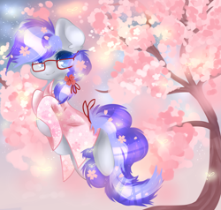 Size: 2869x2729 | Tagged: safe, artist:fluffire, oc, oc only, oc:cinnabyte, earth pony, pony, cherry blossoms, cherry blossoms trees, clothes, earth pony oc, female, flower, flower blossom, flower in hair, glasses, japan, kimono (clothing), mare