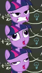 Size: 1266x2170 | Tagged: safe, edit, screencap, twilight sparkle, twilight sparkle (alicorn), alicorn, pony, best gift ever, chalkboard, faic, pudding face, solo