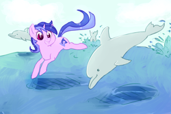 Size: 1270x850 | Tagged: safe, artist:anonymous, sea swirl, seafoam, dolphin, pony, unicorn, /mlp/, 4chan, colored, cute, drawthread, female, happy, mare, ocean, solo, swimming