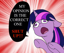 Size: 800x665 | Tagged: safe, artist:slamjam, edit, twilight sparkle, pony, /mlp/, dialogue, dialogue edit, female, mare, open mouth, opinion, opinions on the internet, ponified, raised hoof, solo, speech bubble, yelling