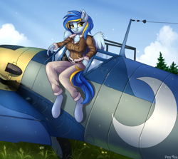 Size: 3272x2924 | Tagged: safe, artist:lightly-san, oc, oc only, oc:moondust messerschmitt, anthro, pegasus, unguligrade anthro, bf-109, clothes, crescent moon, female, moon, plane, solo