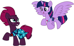 Size: 10343x6459 | Tagged: safe, artist:ejlightning007arts, fizzlepop berrytwist, tempest shadow, twilight sparkle, twilight sparkle (alicorn), alicorn, pony, unicorn, bikini, broken horn, clothes, equestria girls outfit, eye scar, female, flying, horn, lesbian, running, sarong, scar, shipping, simple background, swimsuit, tempestlight, transparent background, vector