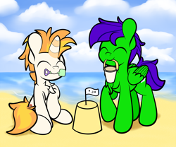 Size: 2400x2000 | Tagged: safe, artist:kimjoman, oc, oc:covfefe cream, oc:raulix evergreen, pegasus, pony, unicorn, beach, cloud, couple, cute, fun, love, sand, sandcastle, smiley face