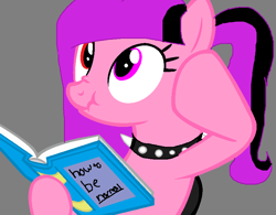 Size: 828x646 | Tagged: safe, artist:33dark, oc, pony, book, cute, female, gray background, heterochromia, how to be normal, mind blown, ponytail, reading, scrunchy face, simple background, solo