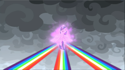 Size: 1668x939 | Tagged: safe, screencap, twilight sparkle, twilight sparkle (alicorn), alicorn, pony, the ending of the end, cloud, cropped, dark clouds, eyes closed, floating, magic, magic aura, magic of friendship, solo, spread wings, wings