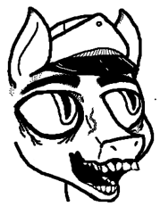 Size: 263x367 | Tagged: safe, artist:inkswell, pony, bald, grayscale, happy, hat, monochrome, ms paint, scar, simple background, slit eyes, teeth, white background