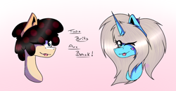 Size: 882x460 | Tagged: safe, artist:chazmazda, artist:timidwithapen, oc, oc only, oc:charlie gallaxy-starr, oc:timid cookie, alicorn, earth pony, pony, ;p, bust, duo, one eye closed, portrait, tongue out, wink