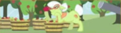 Size: 449x126 | Tagged: safe, artist:egophiliac, granny smith, pony, the super speedy cider squeezy 6000, apple, apple tree, bucket, chute, food, game:the super speedy cider squeezy 6000, low quality, solo