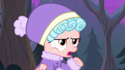 Size: 1920x1080 | Tagged: safe, screencap, cozy glow, pegasus, pony, frenemies (episode), clothes, cozy glow is not amused, female, filly, foal, forest, hat, solo, winter outfit