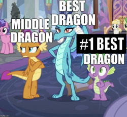 Size: 642x593 | Tagged: safe, edit, edited edit, edited screencap, editor:undeadponysoldier, screencap, huckleberry, princess ember, smolder, spike, dragon, pony, school daze, angry, best dragon, caption, cropped, crossed arms, dragoness, female, friendship student, image macro, male, mare, smiling, spikelove, text, unamused