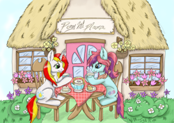 Size: 2917x2063 | Tagged: safe, artist:joykittymeow, oc, oc:qc, oc:taffy swirl, earth pony, pony, unicorn, tea party