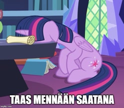 Size: 571x499 | Tagged: safe, edit, screencap, twilight sparkle, twilight sparkle (alicorn), alicorn, shadow play, book, caption, cropped, finnish, headdesk, image macro, library, text, translated in the comments, twilight's castle, twilight's castle library, vulgar