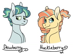 Size: 1024x768 | Tagged: safe, artist:pyrixii, oc, oc:dewberry, oc:huckleberry, pony, bust, duo, offspring, parent:big macintosh, parent:coloratura, parents:raramac