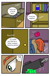 Size: 2022x3038 | Tagged: safe, artist:jolliapplegirl, oc, oc:copper wheel, pony, unicorn, comic:dusk rebellion, alternate timeline, alternate universe, book, comic, crystal war timeline, dark star au, dialogue, harpoon gun, solo