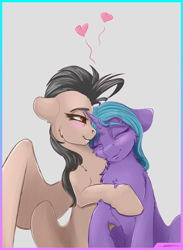 Size: 2050x2800 | Tagged: safe, artist:hitbass, artist:skitsroom, oc, oc only, oc:eleane tih, oc:mayata, pegasus, pony, unicorn, female, hug, lesbian, love