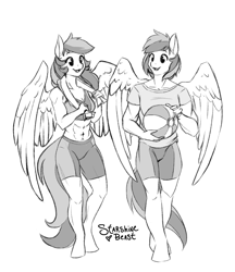 Size: 3300x3813 | Tagged: safe, artist:starshinebeast, oc, oc only, oc:uma stale, oc:umami stale, anthro, pegasus, unguligrade anthro, abs, anthro oc, brother and sister, clothes, fangs, female, hooves, male, mare, medicine ball, shirt, siblings, skintight clothes, sports bra, sports shorts, stallion, t-shirt, towel, twins, wings