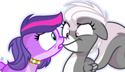 Size: 2016x1159 | Tagged: safe, artist:rainbow eevee, dog, pegasus, pony, skunk, base used, collar, female, filly, littlest pet shop, looking at each other, pepper clark, ponified, simple background, white background, zoe trent