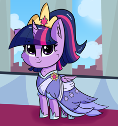 Size: 2564x2743 | Tagged: safe, artist:artiks, twilight sparkle, twilight sparkle (alicorn), alicorn, pony, the last problem, alternate hairstyle, cheek fluff, clothes, coronation dress, crown, cute, dress, female, jewelry, looking at you, mare, regalia, second coronation dress, smiling, solo, twiabetes