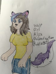 Size: 1538x2046 | Tagged: safe, artist:estories, artist:wolfspiritclan, oc, oc only, oc:alice goldenfeather, oc:ruby nights, anthro, hybrid, werewolf, alter ego, fusion, human hybrid, traditional art