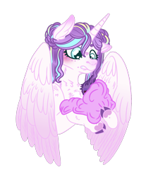 Size: 1034x1251 | Tagged: safe, artist:grateful-dead-raised, princess flurry heart, oc, oc:scarlet star, hybrid, flurry heart's story, baby, cousins, interspecies offspring, offspring, older, older flurry heart, parent:discord, parent:twilight sparkle, parents:discolight, simple background, transparent background