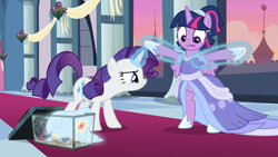 Size: 1920x1080 | Tagged: safe, derpibooru import, edit, edited screencap, screencap, rarity, twilight sparkle, twilight sparkle (alicorn), alicorn, pony, spider, star spider, unicorn, the last problem, alternate hairstyle, bipedal, clothes, coronation dress, dress, eyes on the prize, female, magic, magic aura, mare, second coronation dress, t pose