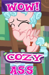 Size: 480x740 | Tagged: safe, edit, edited screencap, screencap, cozy glow, pegasus, pony, what lies beneath, caption, cozy glutes, cozybetes, cute, expand dong, exploitable meme, female, filly, gameloft, image macro, meme, plot, solo, text, wow! glimmer