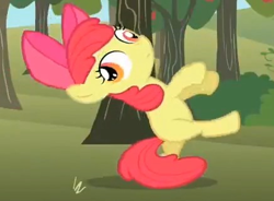 Size: 436x321 | Tagged: safe, screencap, apple bloom, earth pony, pony, the super speedy cider squeezy 6000, about to faint, apple tree, cropped, derp, dizzy, female, filly, foal, solo, tree