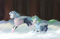 Size: 1600x1050 | Tagged: safe, artist:magistra, oc, bat pony, pony, bat pony oc, duo, forest, snow