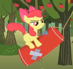 Size: 453x429 | Tagged: safe, screencap, apple bloom, earth pony, pony, the super speedy cider squeezy 6000, apple tree, cropped, determined, female, filly, foal, punching bag, solo, tree