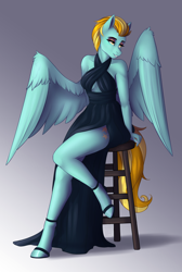 Size: 1976x2936 | Tagged: safe, artist:fairdahlia, lightning dust, anthro, pegasus, unguligrade anthro, bare shoulders, breasts, clothes, commission, dress, eyeshadow, female, halter, lidded eyes, makeup, mare, sexy, shoes, short mane, side slit, sitting, solo, stool, wing fluff