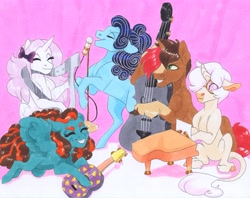 Size: 3829x3035 | Tagged: safe, artist:frozensoulpony, oc, oc:bad axe, oc:bramley apple, oc:chantilly beau, oc:mademoiselle d'hiver, oc:wildberry jams, pony, cello, female, guitar, harp, inktober, male, mare, musical instrument, offspring, parent:applejack, parent:cheese sandwich, parent:fancypants, parent:fleur-de-lis, parent:jet set, parent:lightning dust, parent:party favor, parent:pinkie pie, parent:twinkleshine, parents:applejet, parents:fancyfleur, parents:partypie, piano, stallion, traditional art