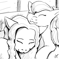 Size: 1000x1000 | Tagged: safe, artist:silence, oc, oc:heartbeat, oc:michpone, pony, black and white, cat pose, couple, monochrome, ship, shipping fuel, simple background, sleeping, snuggling, white background