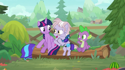 Size: 1920x1080 | Tagged: safe, screencap, dusty pages, spike, twilight sparkle, twilight sparkle (alicorn), alicorn, dragon, earth pony, pony, the point of no return, bandana, female, helmet, log, male, mare, sitting, trio, winged spike