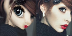 Size: 2048x1025 | Tagged: safe, artist:techwingidustries, oc, pony, bow, clothes, comparison, eyelashes, female, lip piercing, lips, lipstick, piercing, ponified, realistic, scarf, side by side, solo, uncanny valley, wtf