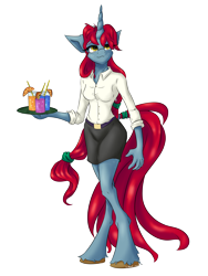 Size: 1668x2224 | Tagged: safe, artist:coldtrail, oc, oc:talayeh, anthro, unicorn, cocktail, female, freckles, simple background, solo, transparent background, tray, unshorn fetlocks