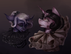 Size: 1700x1307 | Tagged: safe, artist:rottengotika, oc, oc only, oc:paint rose, oc:star nebula moon, alicorn, pony, unicorn, alicorn oc, alternate universe, crying, dark, digital art, digital painting, edwardian, elizabethan, elizabethan collar, guilt, light, light and dark, old timey, remorse, ruff (clothing), ruffles, slight blood, unicorn oc, upset, victorian