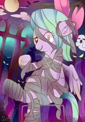 Size: 1024x1453 | Tagged: safe, artist:kumikoponylk, flitter, bat, ghost, pegasus, pony, clothes, costume, deviantart watermark, ear fluff, female, full moon, halloween, holiday, looking at you, mare, mismatched eyes, monster mare, moon, mummy, night, nightmare night, obtrusive watermark, solo, watermark