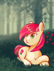 Size: 2302x3008 | Tagged: safe, artist:yunnecora, roseluck, cat pony, earth pony, original species, pony, female, flower, forest, mare, prone, rose, solo