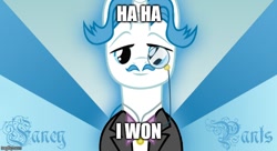 Size: 720x392 | Tagged: safe, edit, fancypants, bowtie, caption, fancy, haha i won, image macro, meme, monocle, solo, sunburst background, text